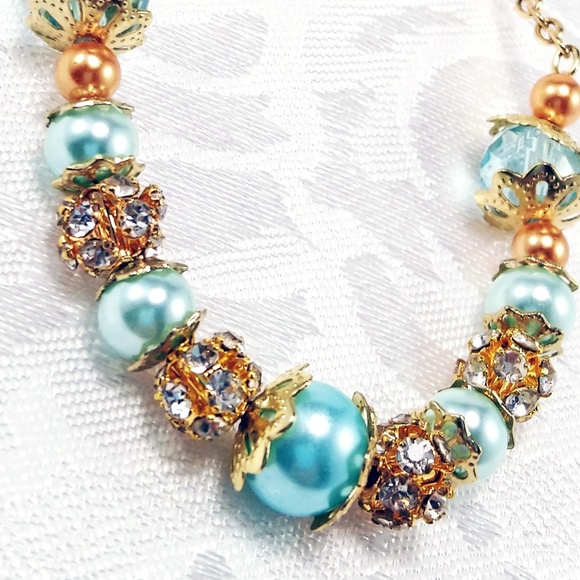 Blue and Gold Glass Pearl Wedding Jewelry Set - Picture 4 of 8